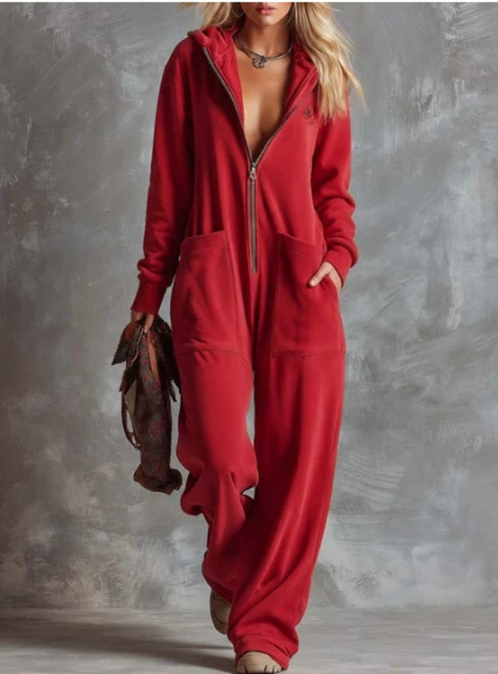 ZARA Casual Hooded Zip Up Loose Straight Pocket Sweatshirt Jumpsuit
